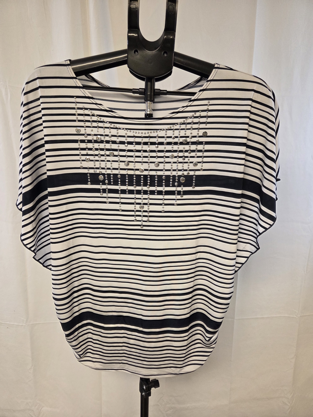 Dress Barn Black & White Striped Beaded Dolman Blouse
